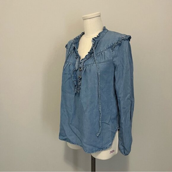 Anthropologie Maeve Chambray Ruffle Long Sleeve Top - Picture 7 of 15